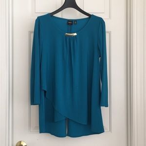 Rafaella Layered Top Medium Blue Metallic Hardware Accent Neckline Long Sleeves